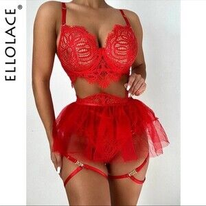 Sexy lace strappy red lingerie set Garters Bra Panties Thong Skirt Stripper HOT